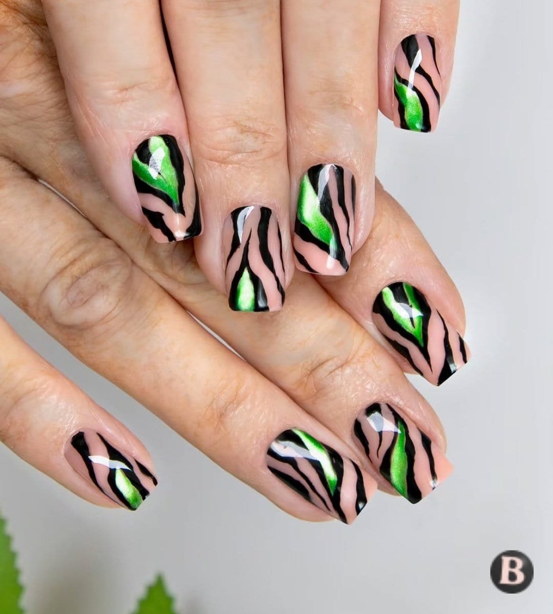 Electric Emerald Chrome Zebra Stripe Nails