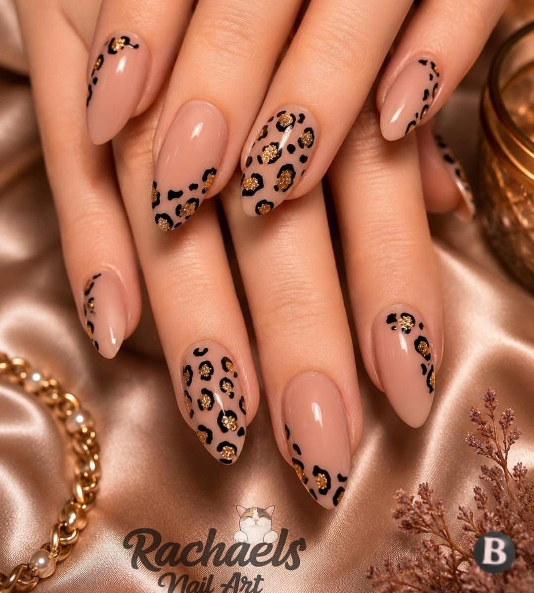 Glam Gold Glitter & Glossy Nude Leopard Print Nails