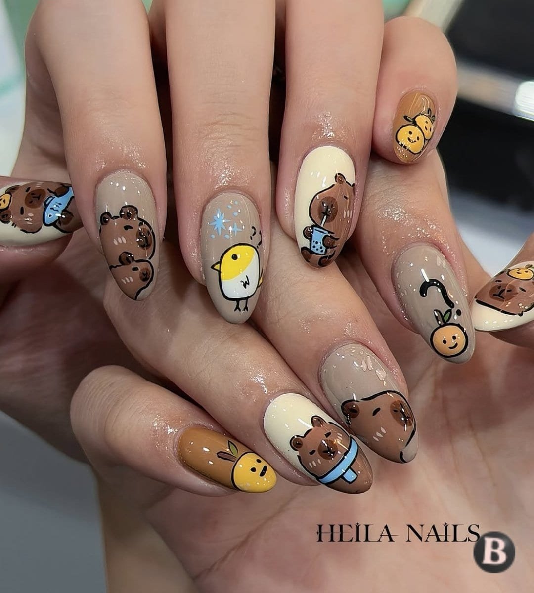 Glossy Nude Capybara Boba Art Nails