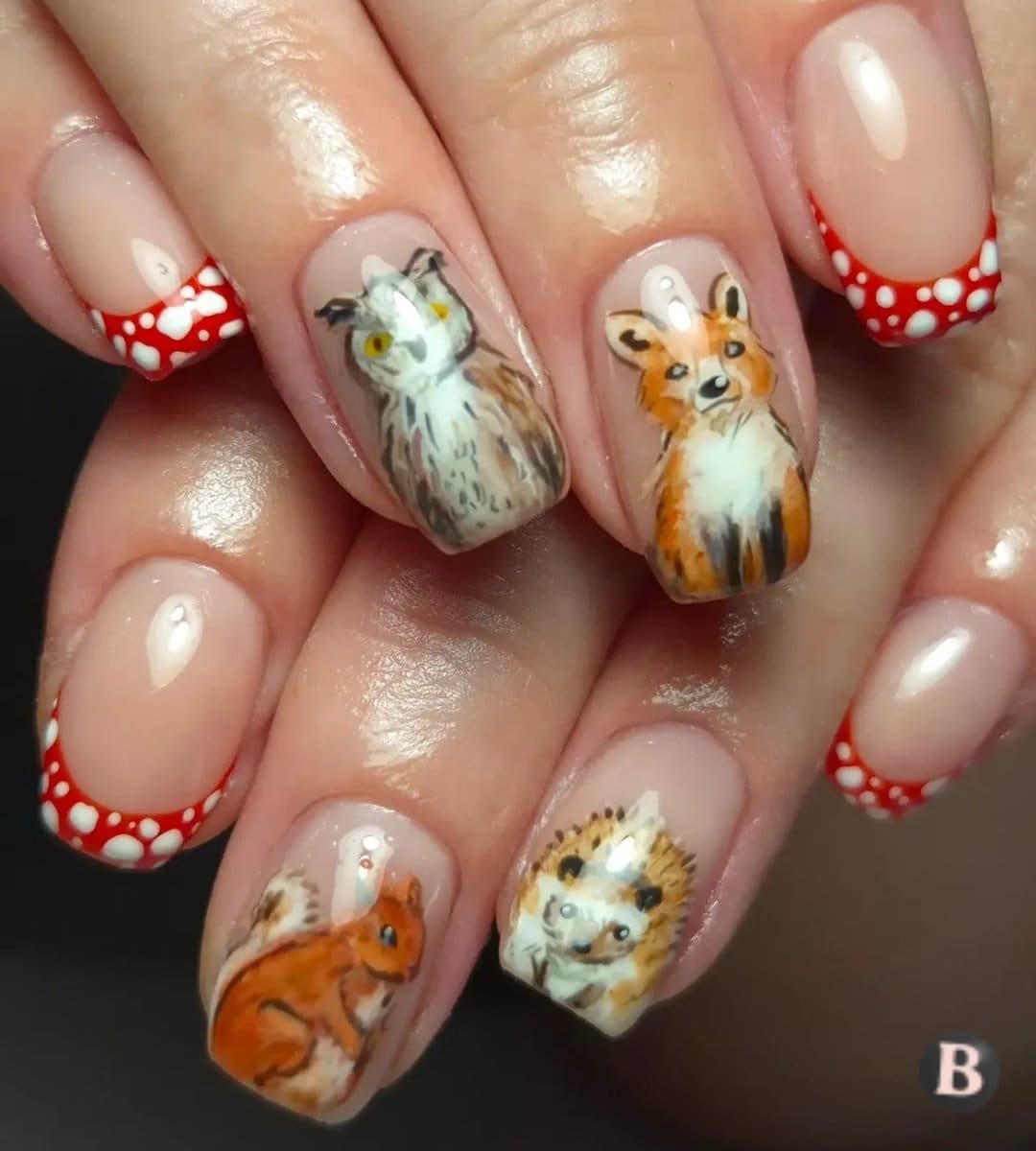 Glossy Nude Woodland Animals & Mushroom French Tip Nails