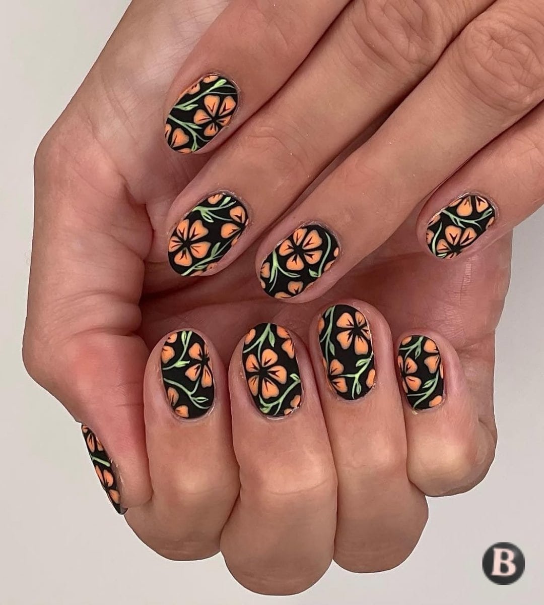 Matte Black & Orange Retro Floral Nails