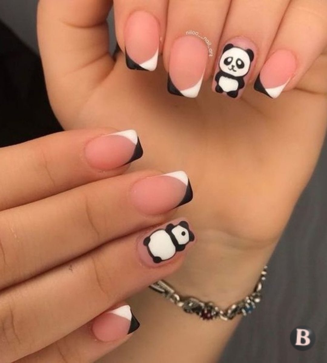 Matte French Tip Cute Panda Art Nails