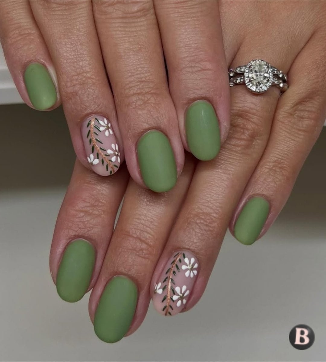 Matte Olive Green & Delicate Floral Vine Nails