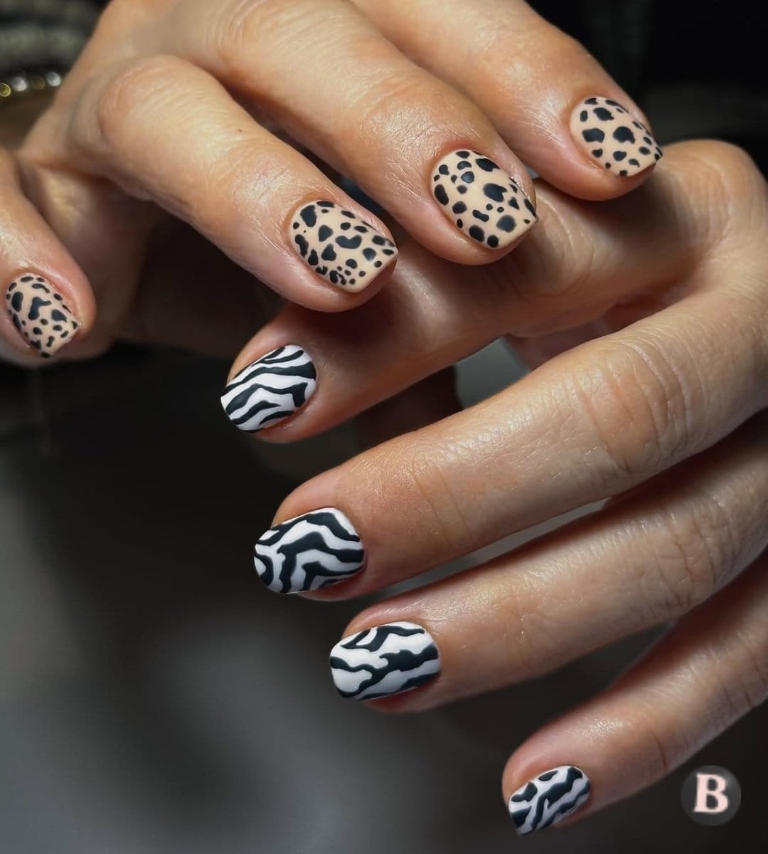 Matte Zebra & Leopard Split Hand Safari Nails
