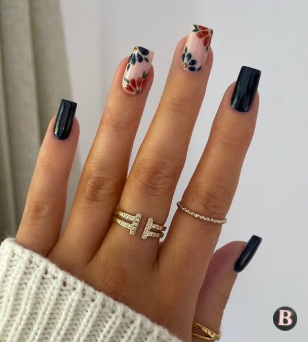 Moody Navy & Rust Retro Floral Nails