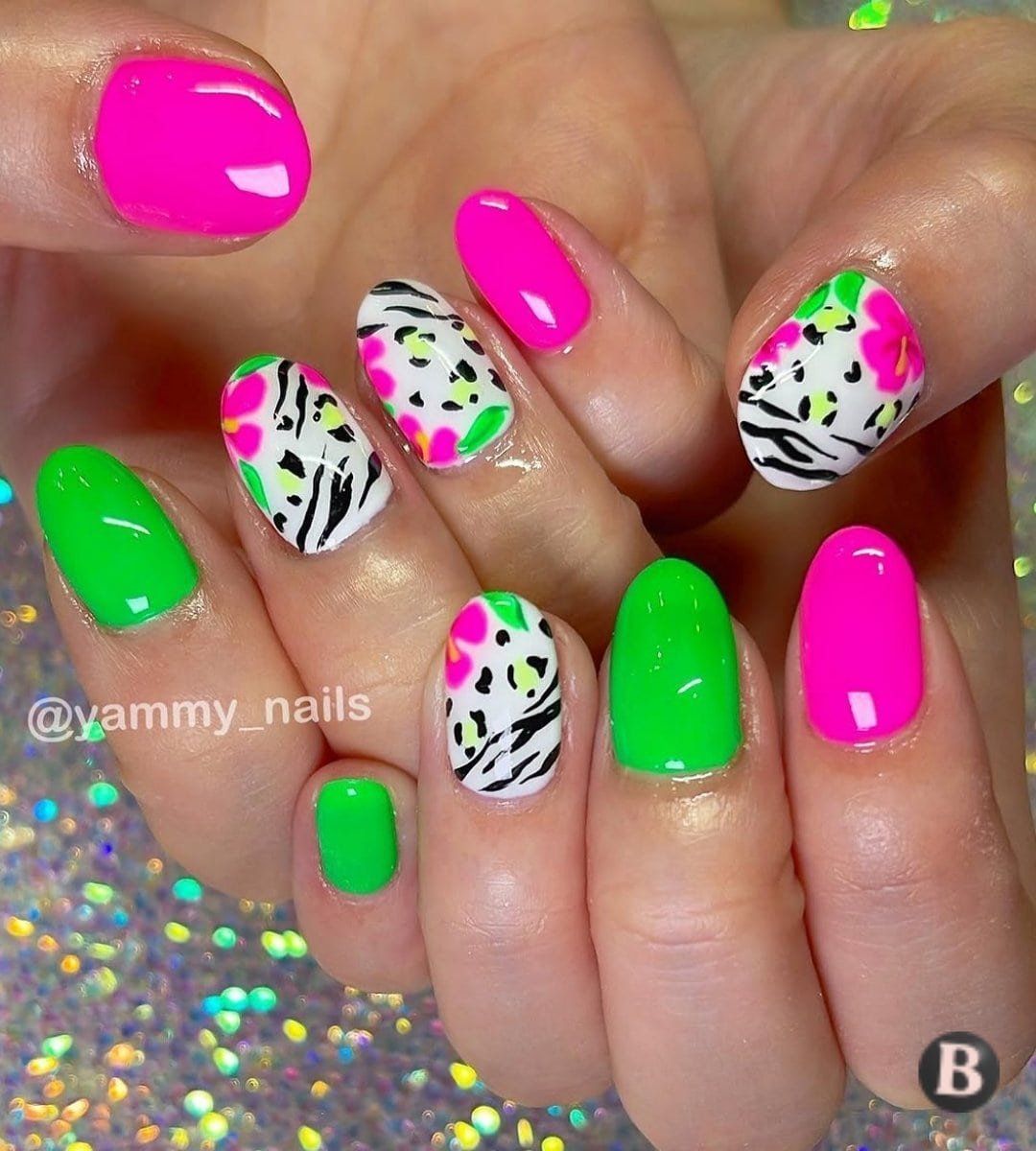 Neon Pink & Green Tropical Safari Animal Print Nails