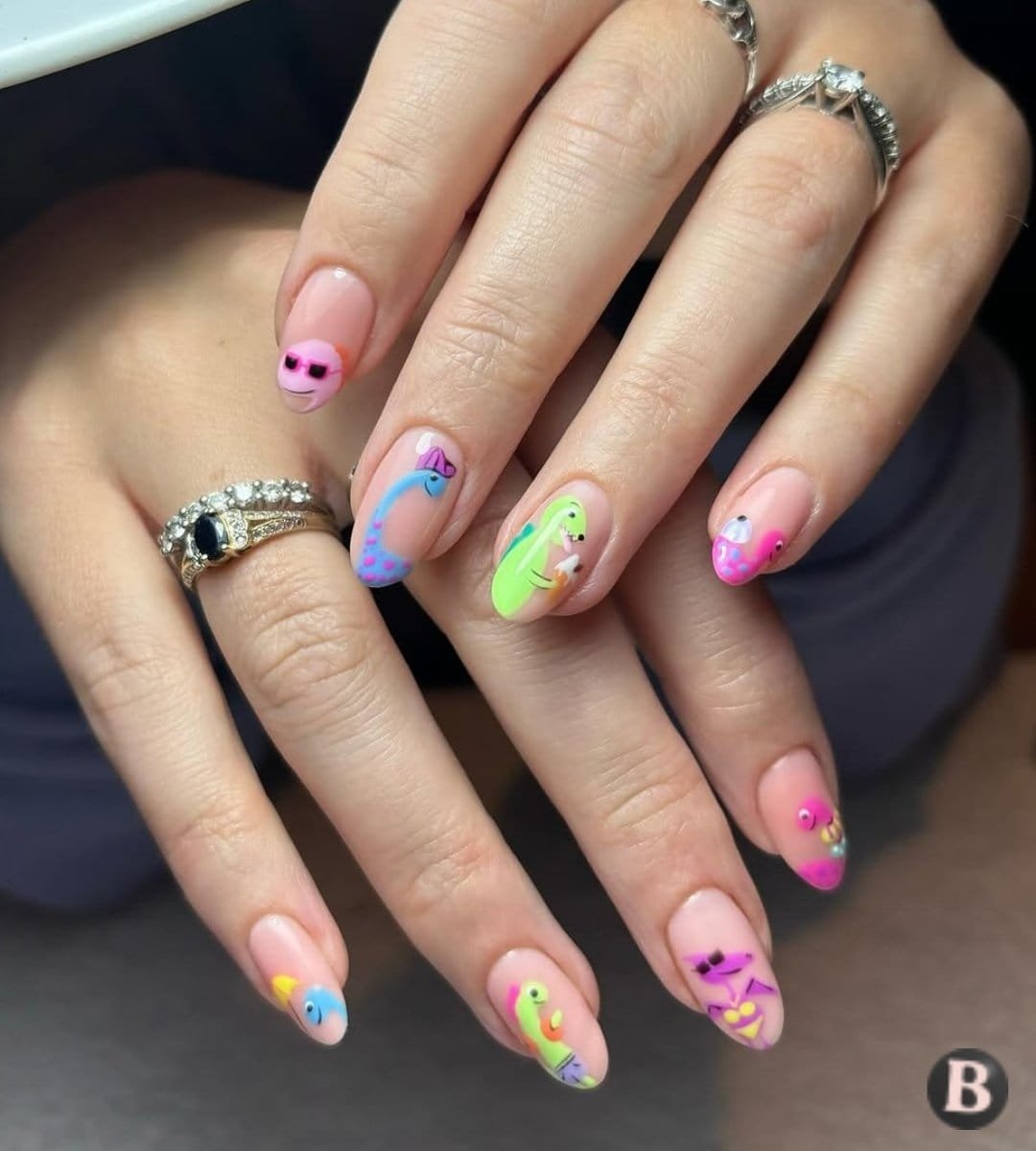 Party-Saurus Neon Cartoon Dinosaur Art Nails