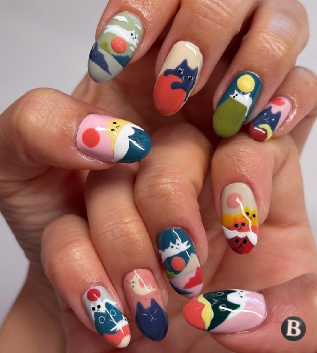 Retro Mid-Century Cat & Landscape Abstract Nails