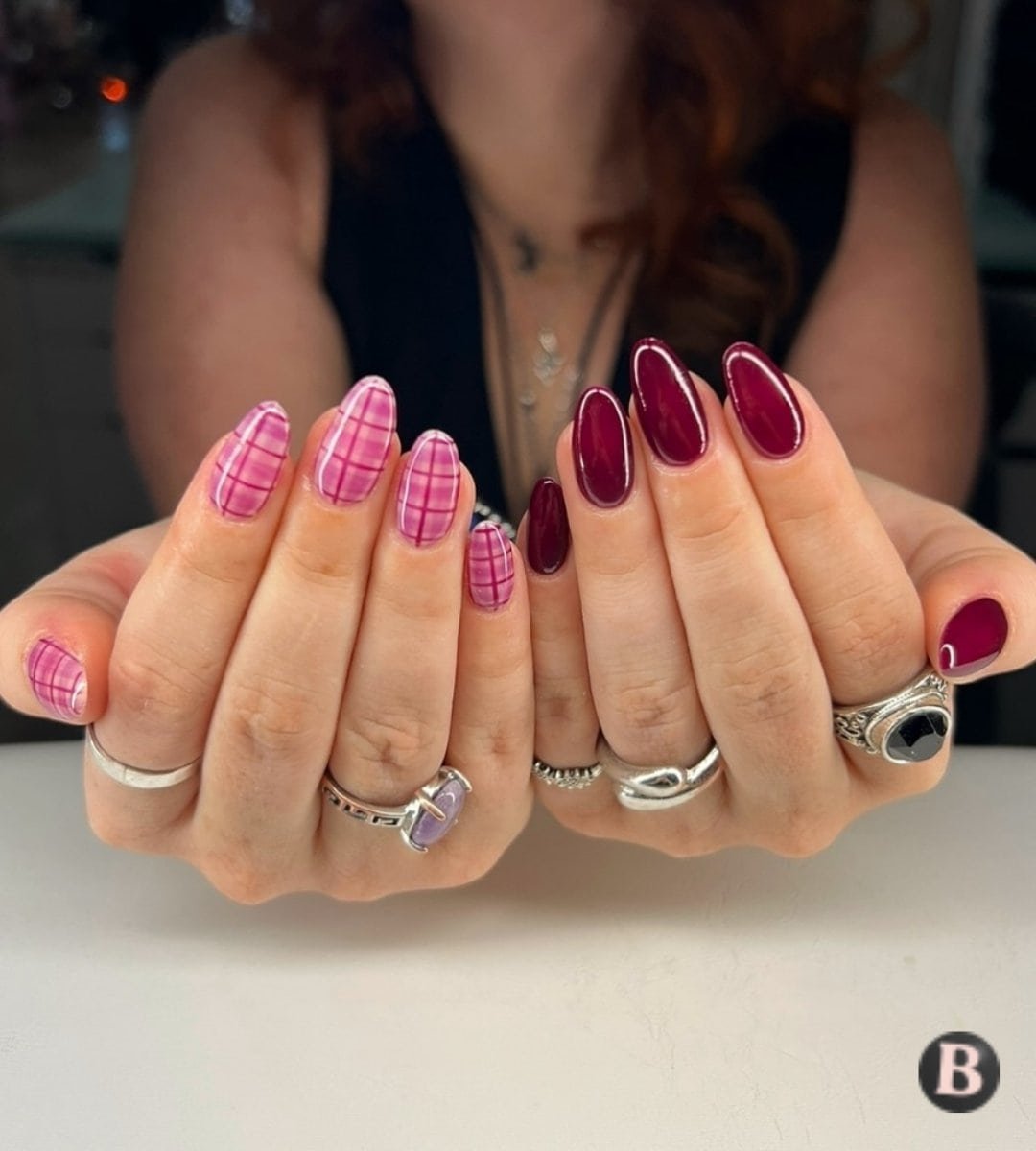Rich Burgundy & Pink Plaid Mismatched Nails