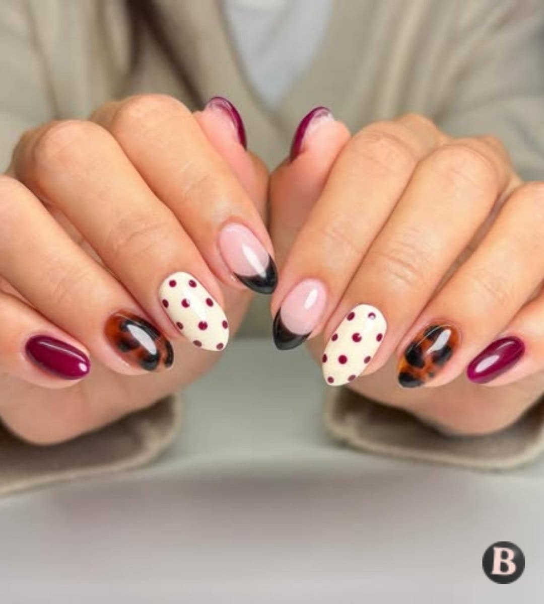 Rich Burgundy & Tortoiseshell Mix-and-Match Nails