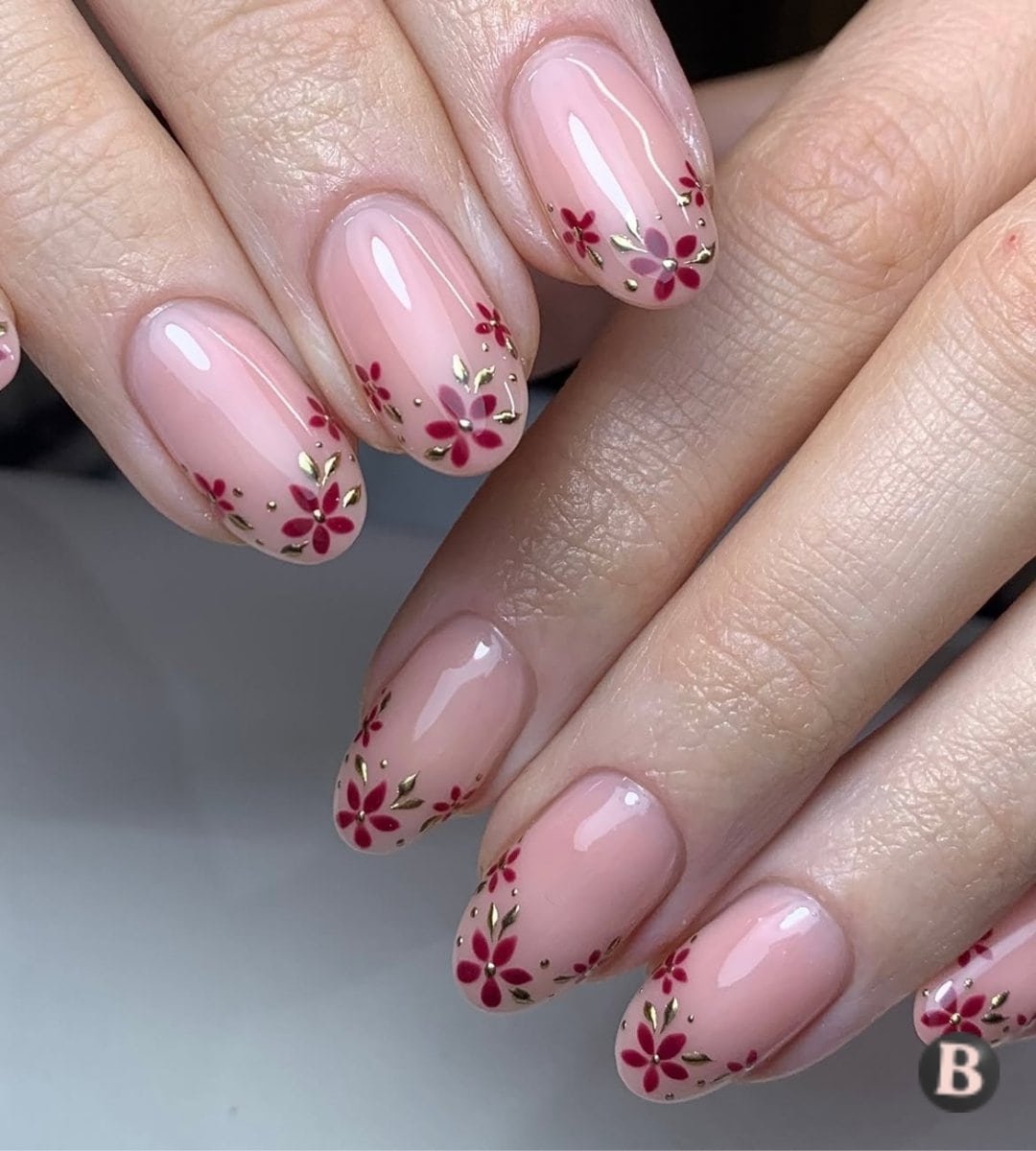 Sheer Pink & Burgundy Gold Leaf Floral Nails
