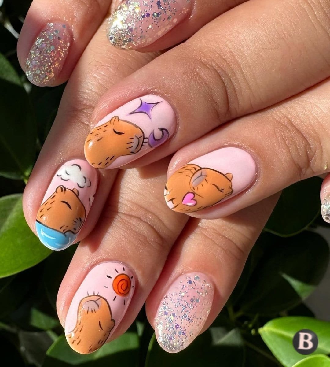 Sleepy Capybara Spa & Silver Glitter Art Nails