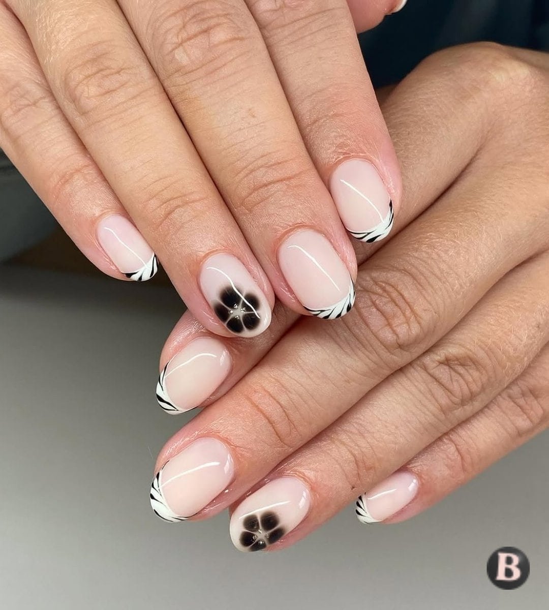 Smoky Black Aura Floral & French Tip Nails