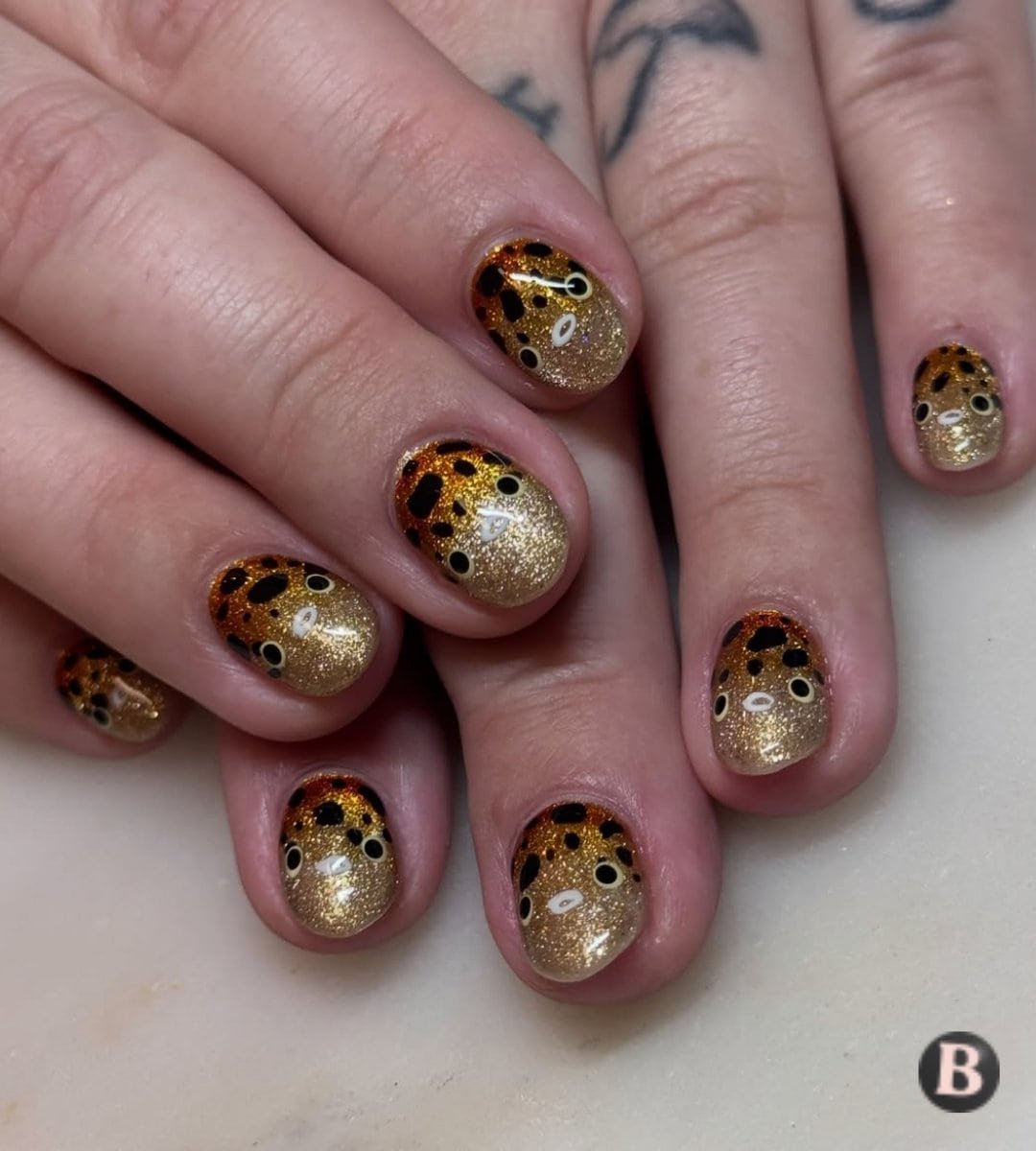 Sparkly Gold Fish Face & Spotted Animal Print Nails