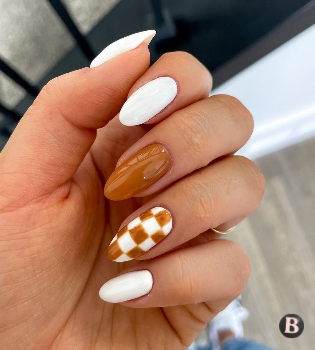 Warm Caramel & White Checkerboard September Nails