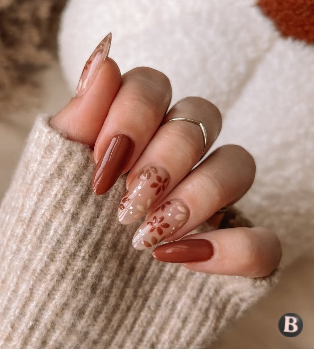 Warm Terracotta & Neutral Autumn Floral Nails