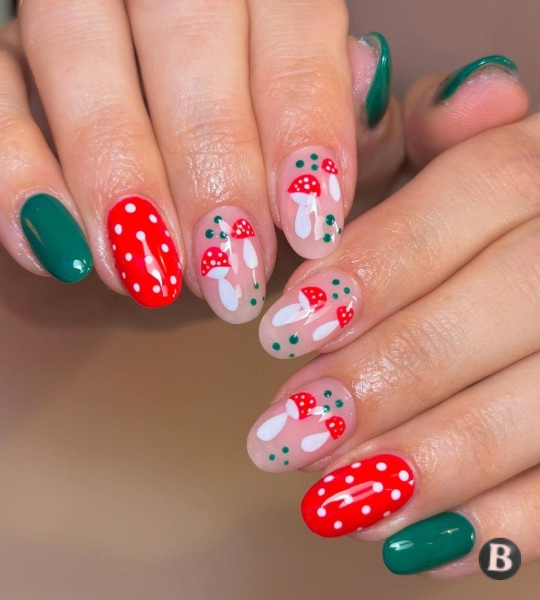 Whimsical Red Mushroom & Forest Green Nails