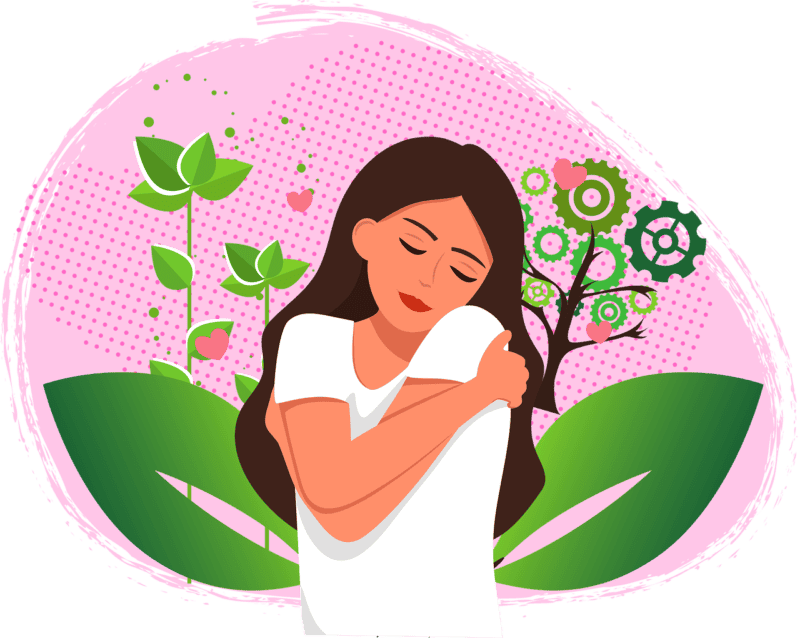 Illustration of a Woman hugging herself demonstrating self care.