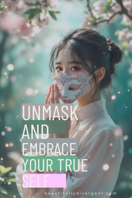Pinterest pin of  a Woman with brown  hair pulled up with elegant hair wisps holding a white embordered mask with the words Unmask and Embrace you true self 