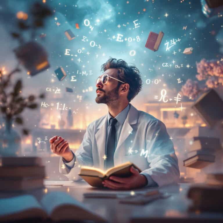 Scientist in a laboratory with ideas and books swirling above him to represent a brilliant mind