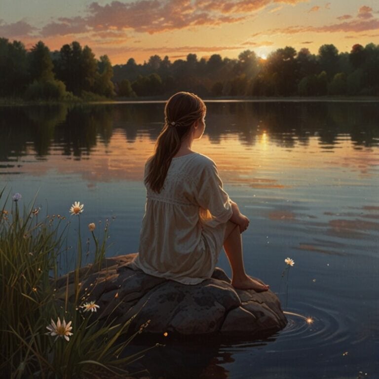 Girl sitting by the water at sunset self reflecting
