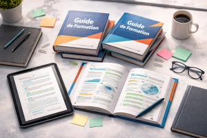 Livres formation et tablette sur bureau