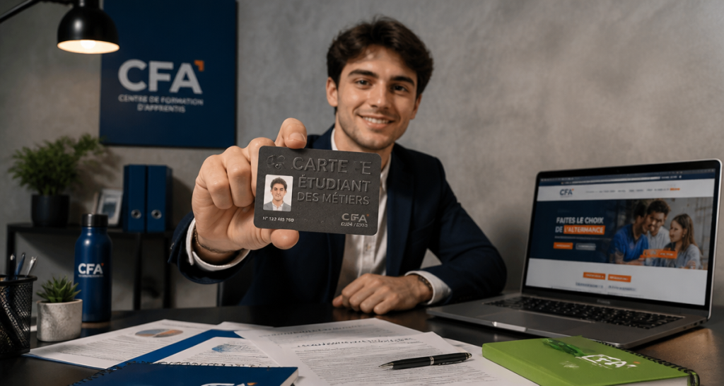 Jeune alternant présente carte étudiants des métiers