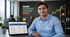 Jeune pro avec badge certification informatique devant résultats