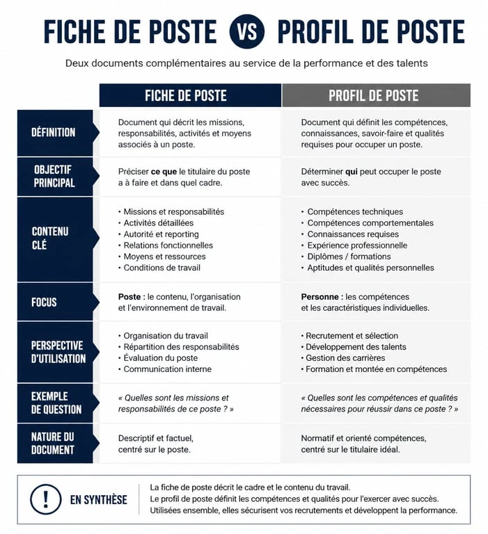 Infographie comparative : différence entre fiche de poste et profil de poste pour le recrutement