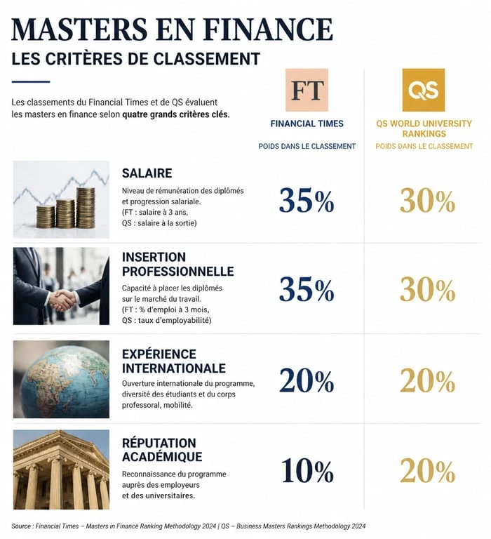 Infographie des critères de classement des meilleurs masters en finance mondiaux