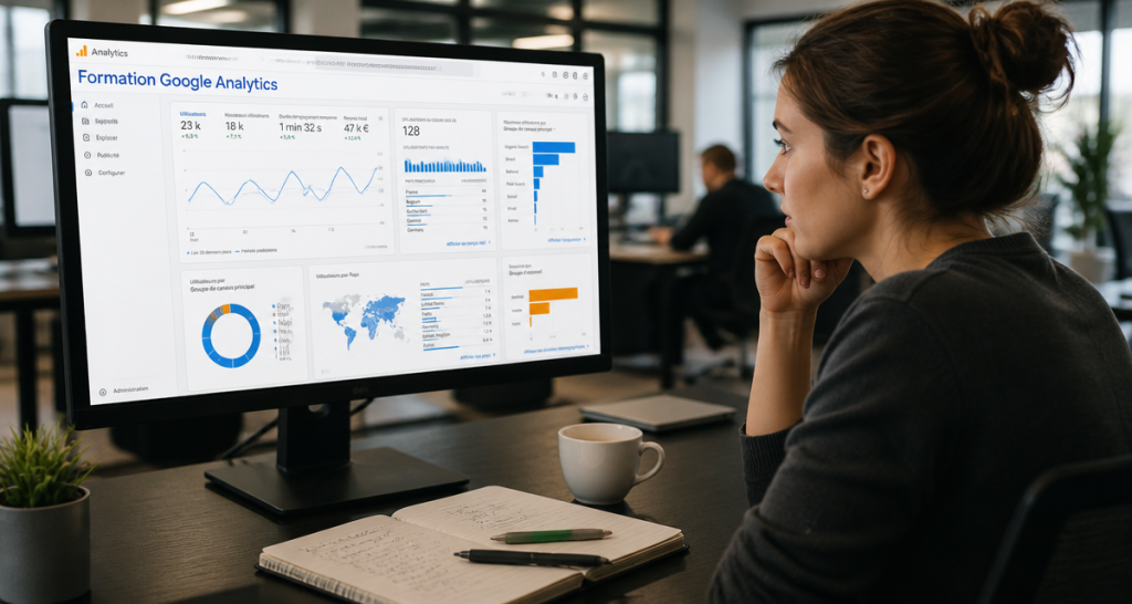 formation à google analytics 4 sur écran avec graphique