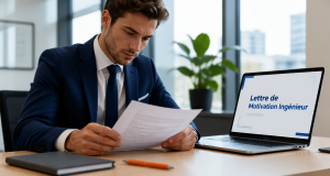 jeune ingénieur relit lettre de motivation ingénieur dans bureau lumineux