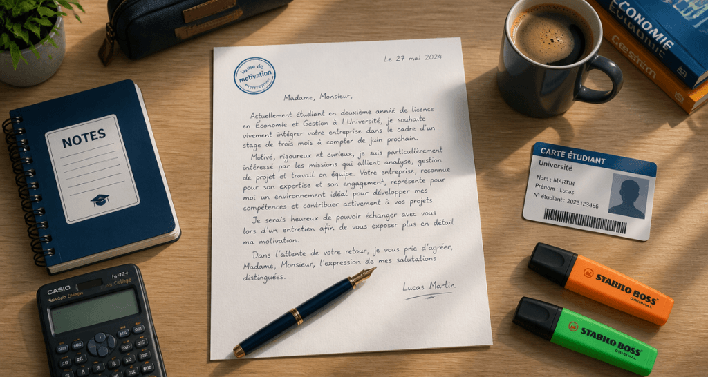 Lettre de motivation pour lyceen sur bureau avec fournitures