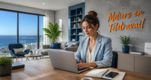 métier en télétravail femme ordinateur salon