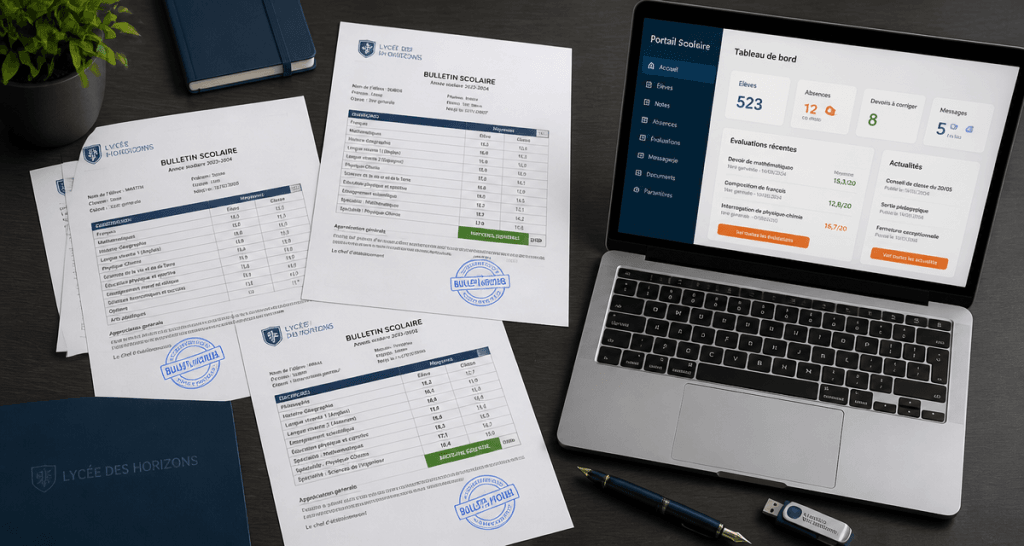 Récupérer ses bulletins scolaires en ligne, bureau avec bulletins et ordinateur
