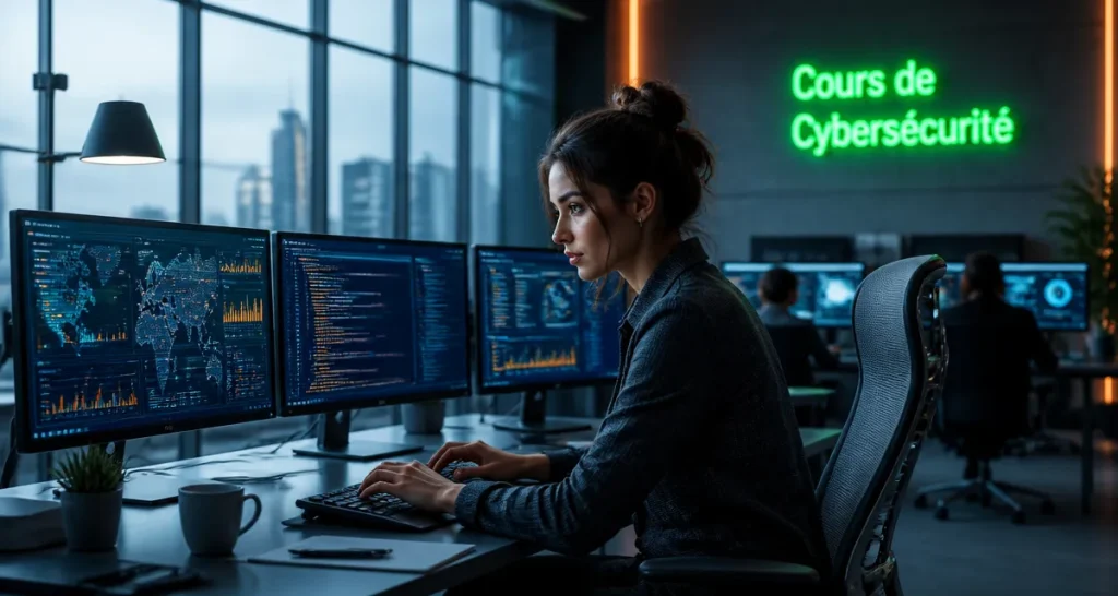 Femme travaillant sur écrans dans un cours cybersécurité