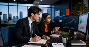 Master finance alternance, étudiants en open space bancaire