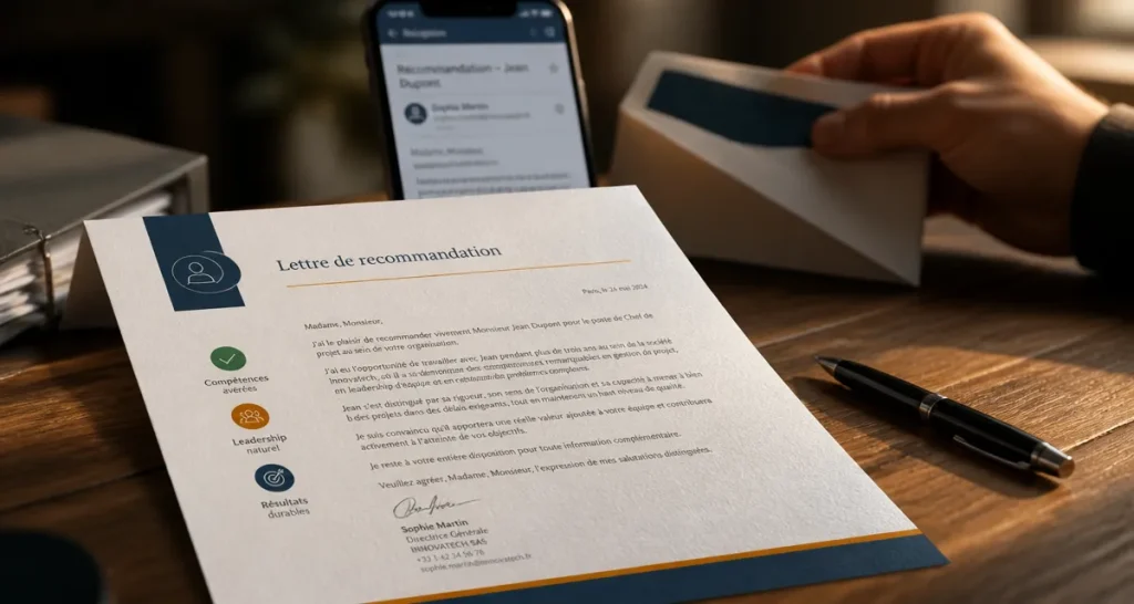 Modèle lettre de recommandation : lettre sur bureau, enveloppe et conseils