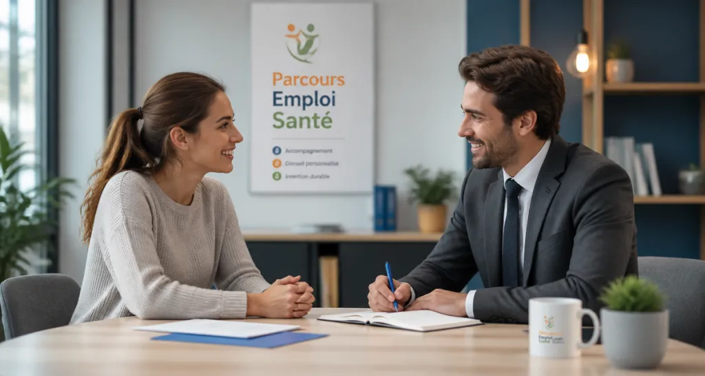parcours emploi santé conseiller et bénéficiaire souriants