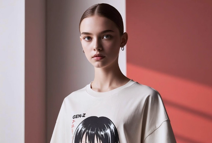 Stylish woman wearing manga-inspired Senpai printed t-shirt, bold fashion portrait from Befiqr’s anime streetwear collection.