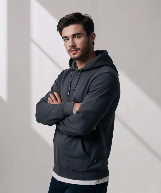 Male model in a premium cotton printed hoodie, representing urban men's fashion.