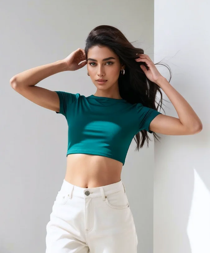 Trendy women's printed cropped t-shirt styled for a casual chic look.