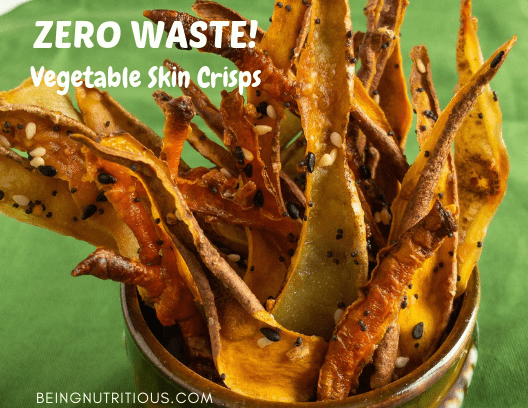Vegetable crisps in a small cup. Text overlay: Zero Waste! Vegetable Skin Crisps