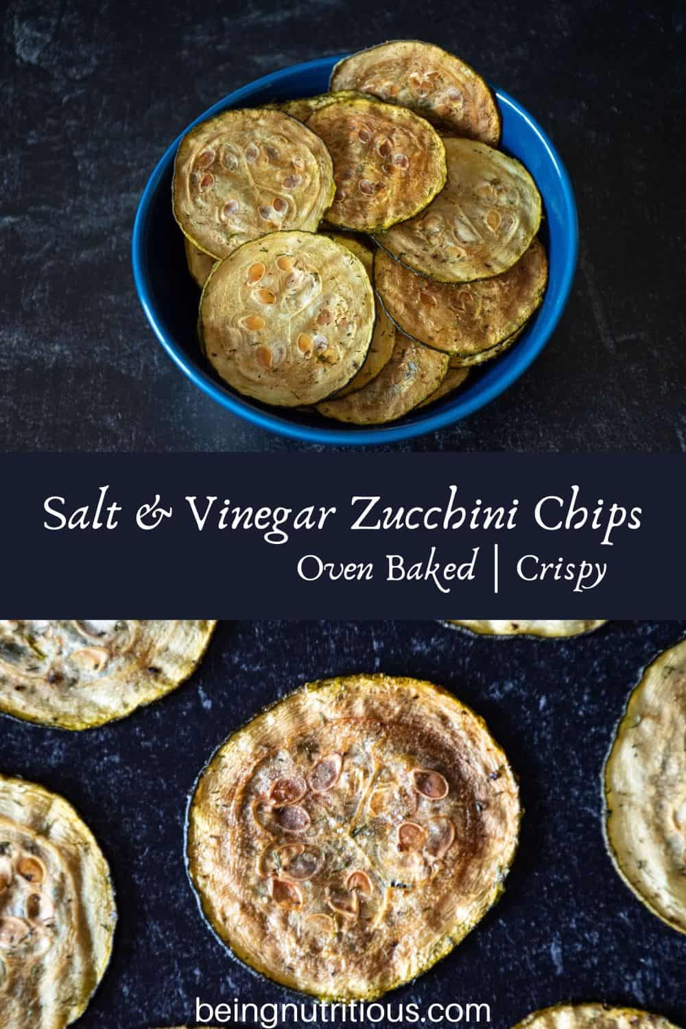 Split image - top image is a blue bowl filled with zucchini chips, bottom image is a close up of a single chip on a dark background.