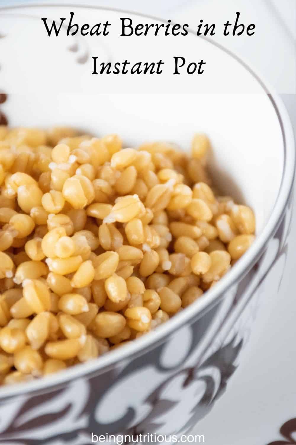 Bowl of cooked wheat berries. Text overlay: Wheat Berries in the Instant Pot.
