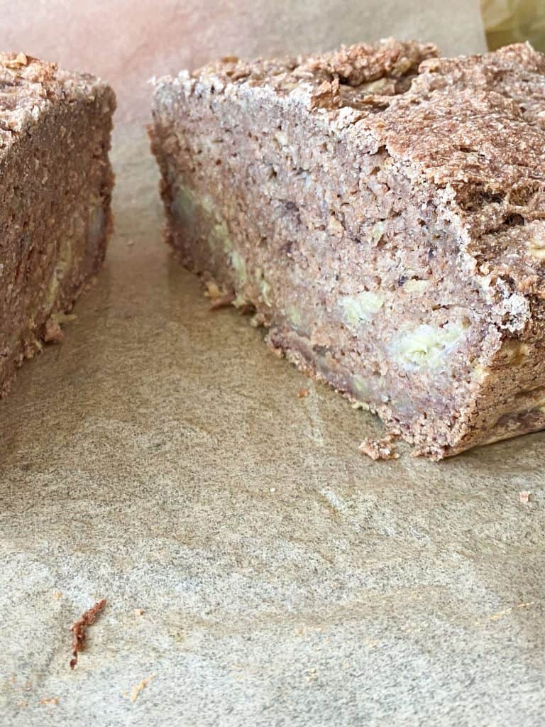 Banana bread cut in half.