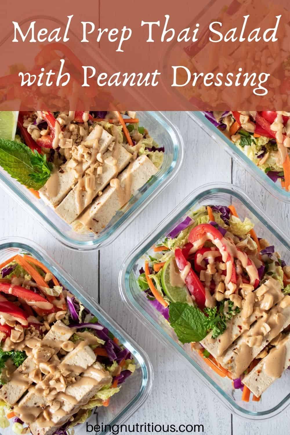 Overhead picture of Thai salad in meal prep containers. Text overlay: Meal Prep Thai Salad with Peanut Dressing.