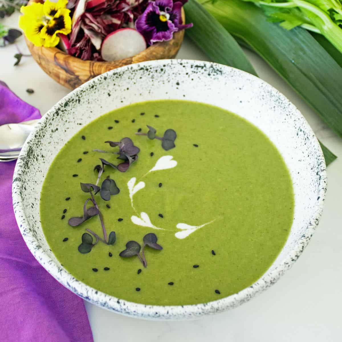 A bowl of celery soup, garnished with microgreens, black sesame seeds and yogurt. A side salad is in the background.