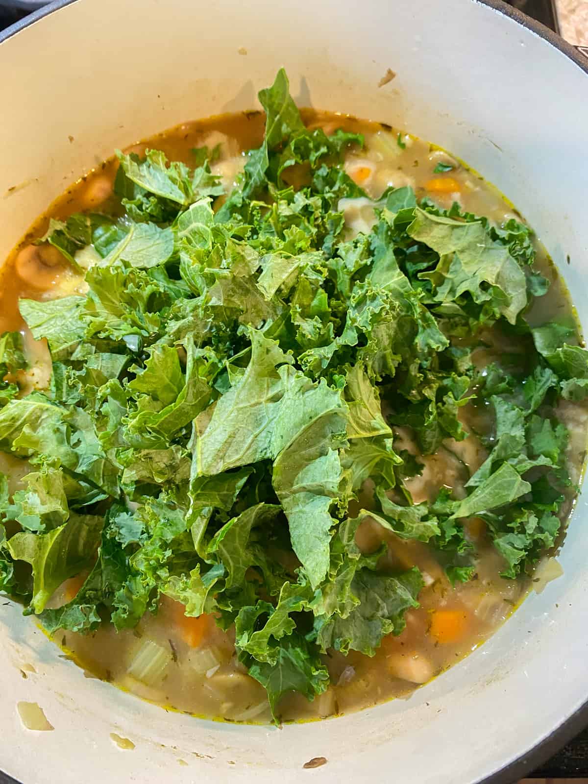 Soup with fresh kale added, right before mixing.