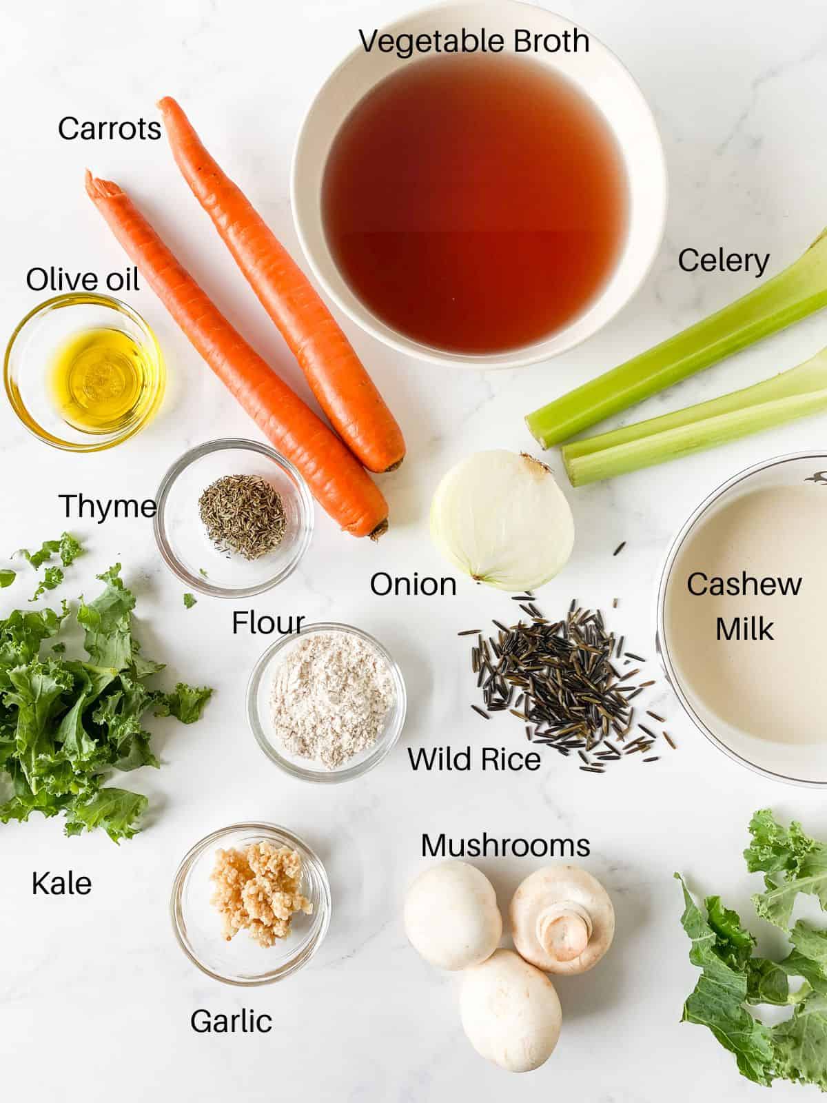 Ingredients for creamy mushroom wild rice soup.
